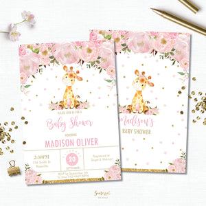 Pink Blush Floral Giraffe Baby Shower Invitation Editable Template - Digital File - Instant Download - GF1