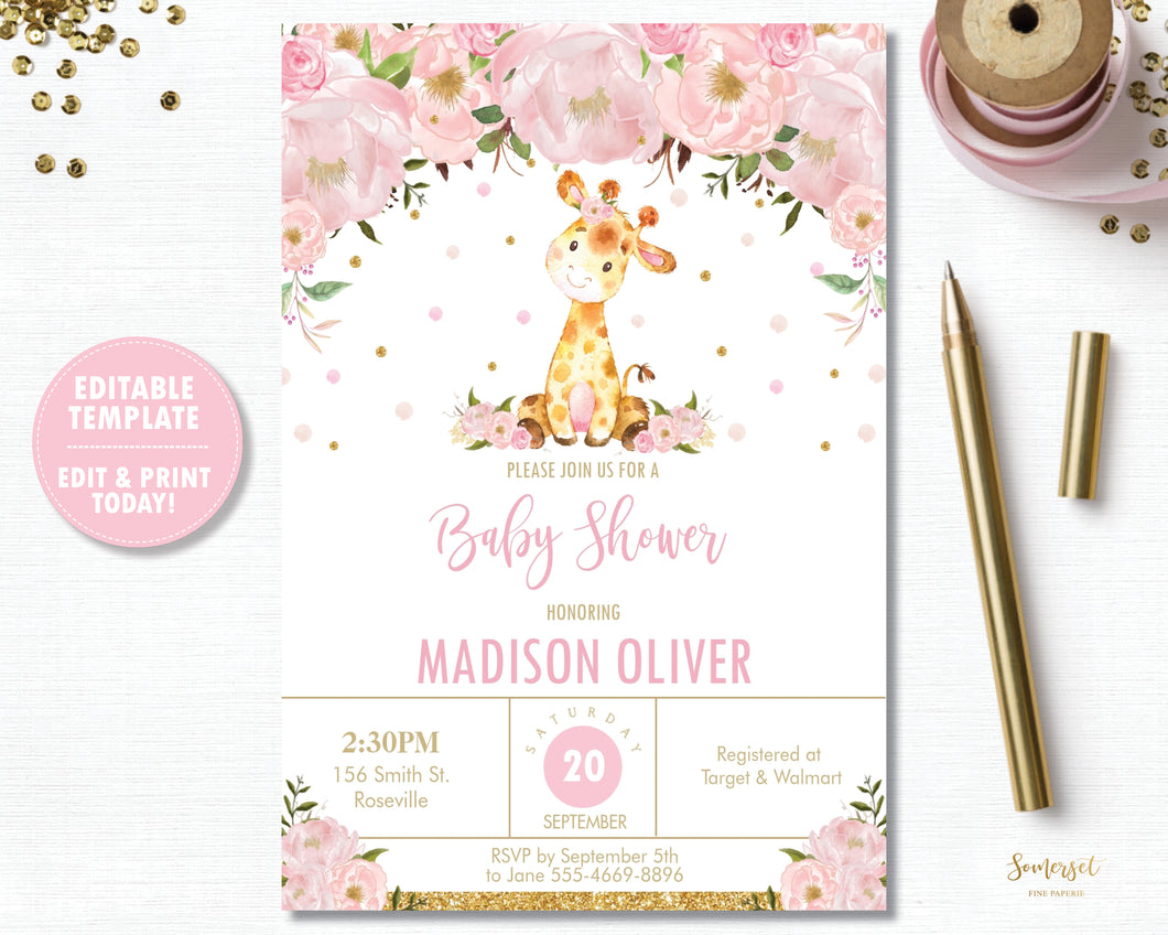 Pink Blush Floral Giraffe Baby Shower Invitation Editable Template - Digital File - Instant Download - GF1