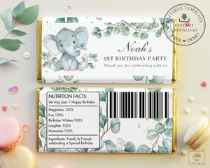 Cute Elephant Greenery Chocolate Bar Wrapper - Baby Shower Birthday Editable Template - Instant Download - EP10
