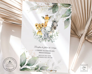 Rustic Greenery Jungle Animals Geometric Baptism Christening Invitation Editable Template - Instant Download Digital Printable File - GR1