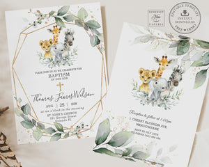 Rustic Greenery Jungle Animals Geometric Baptism Christening Invitation Editable Template - Instant Download Digital Printable File - GR1