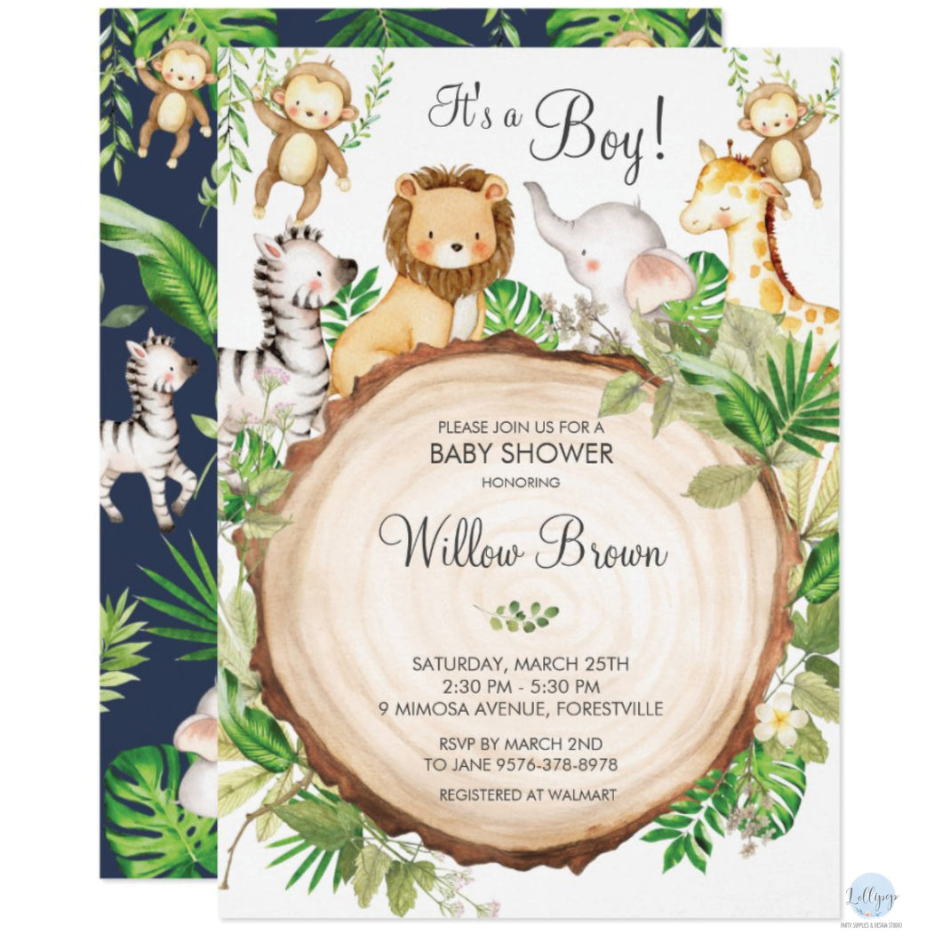 Greenery Jungle Safari Animals Baby Shower Personalised Invitations