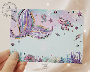 EDITABLE TEMPLATE Whimsical Mermaid Tail Thank You Note Printable, 4.25"x5.5" Card Birthday Pool Party Cute Under the Sea Baby Shower INSTANT Download MT1A
