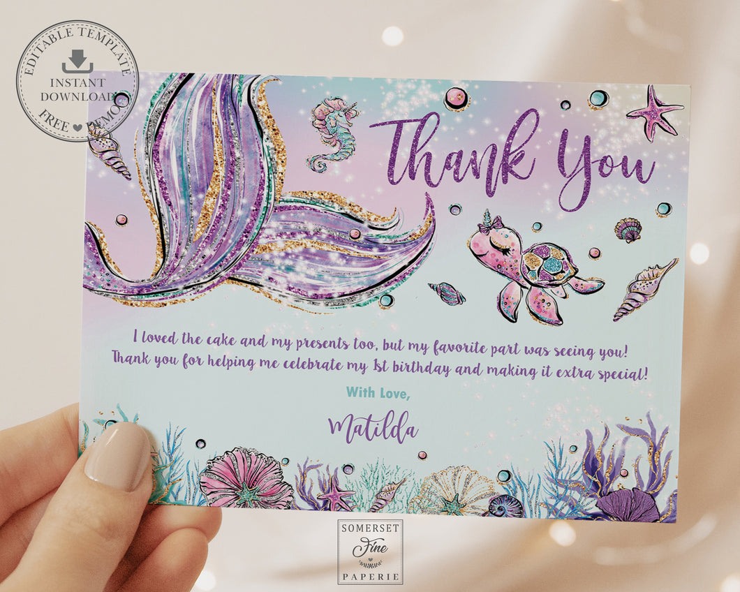EDITABLE TEMPLATE Whimsical Mermaid Tail Thank You Note Printable, 4.25
