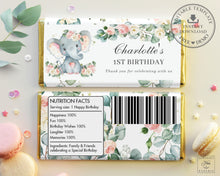 Load image into Gallery viewer, Cute Elephant Pink Floral Greenery Chocolate Bar Wrapper - Baby Shower Birthday Editable Template - Instant Download - EP10
