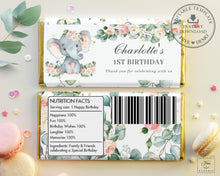 Load image into Gallery viewer, Cute Elephant Pink Floral Greenery Chocolate Bar Wrapper - Baby Shower Birthday Editable Template - Instant Download - EP10
