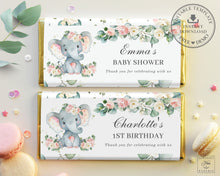 Load image into Gallery viewer, Cute Elephant Pink Floral Greenery Chocolate Bar Wrapper - Baby Shower Birthday Editable Template - Instant Download - EP10
