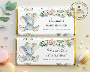 Cute Elephant Pink Floral Greenery Chocolate Bar Wrapper - Baby Shower Birthday Editable Template - Instant Download - EP10