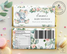 Load image into Gallery viewer, Cute Elephant Pink Floral Greenery Chocolate Bar Wrapper - Baby Shower Birthday Editable Template - Instant Download - EP10
