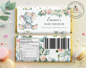 Cute Elephant Pink Floral Greenery Chocolate Bar Wrapper - Baby Shower Birthday Editable Template - Instant Download - EP10