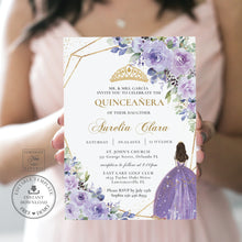 Load image into Gallery viewer, Princess Tiara Purple Lilac Lavender Floral Quinceanera 15th Birthday Invitation Editable Template - Digital Printable File - Instant Download - QC3
