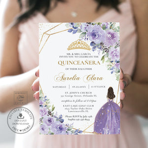 Princess Tiara Purple Lilac Lavender Floral Quinceanera 15th Birthday Invitation Editable Template - Digital Printable File - Instant Download - QC3