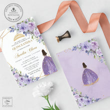 Load image into Gallery viewer, Princess Tiara Purple Lilac Lavender Floral Quinceanera 15th Birthday Invitation Editable Template - Digital Printable File - Instant Download - QC3
