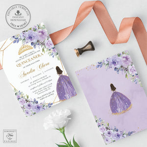 Princess Tiara Purple Lilac Lavender Floral Quinceanera 15th Birthday Invitation Editable Template - Digital Printable File - Instant Download - QC3