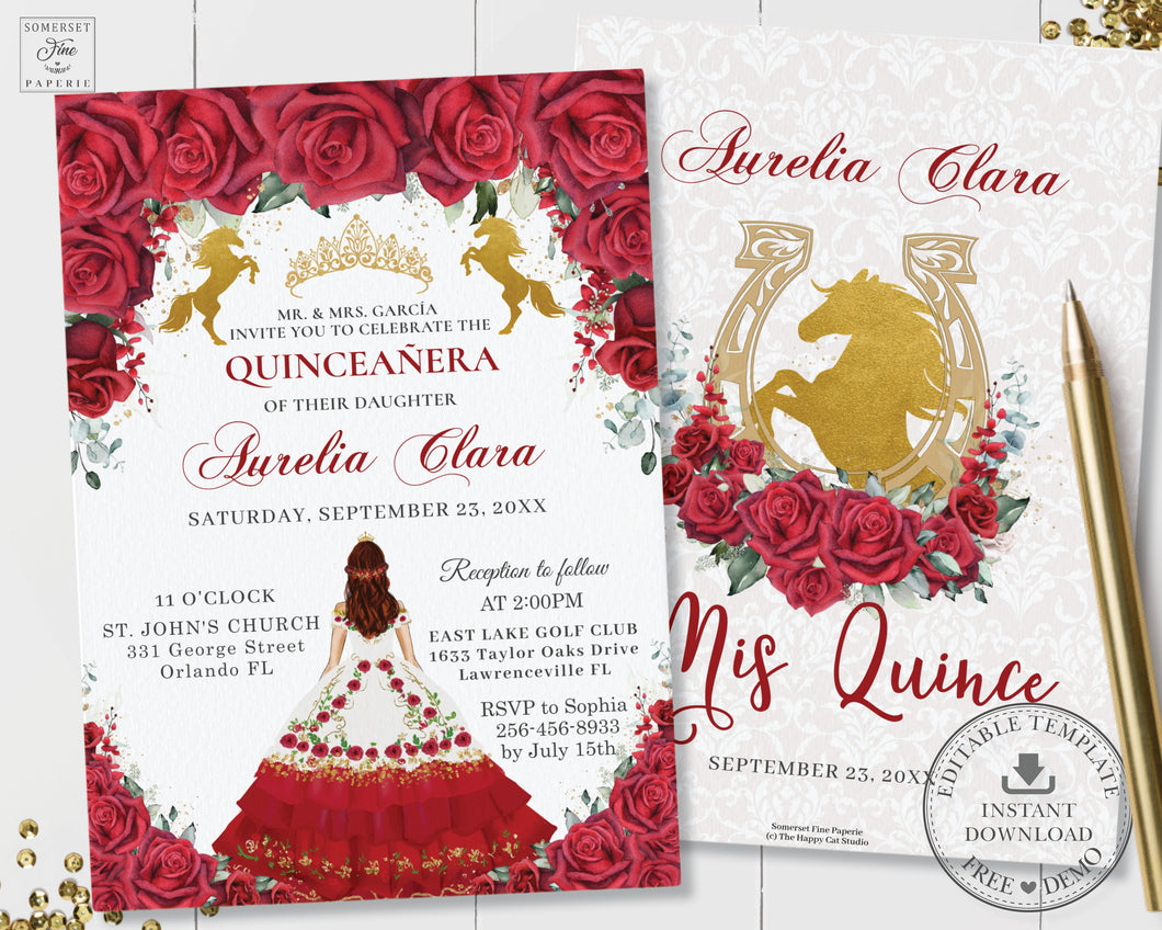 Red Roses Floral Gold Princess Crown Quinceañera Invitation Printable EDITABLE TEMPLATE Mis Quince 15 Años Charro Dress Horses Birthday QC19