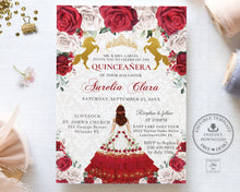 Load image into Gallery viewer, Red White Roses Floral Gold Quinceañera Invitation Printable EDITABLE TEMPLATE Mis Quince 15 Años Charro Dress Princess Horses Birthday QC19
