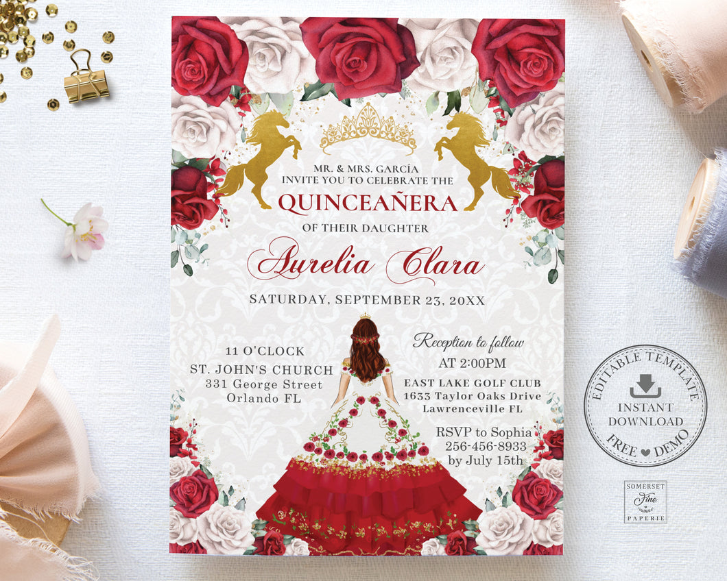 Red White Roses Floral Gold Quinceañera Invitation Printable EDITABLE TEMPLATE Mis Quince 15 Años Charro Dress Princess Horses Birthday QC19