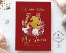 Load image into Gallery viewer, Red White Roses Floral Gold Quinceañera Invitation Printable EDITABLE TEMPLATE Mis Quince 15 Años Charro Dress Princess Horses Birthday QC19
