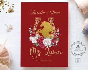 Red White Roses Floral Gold Quinceañera Invitation Printable EDITABLE TEMPLATE Mis Quince 15 Años Charro Dress Princess Horses Birthday QC19