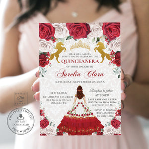 Red White Roses Floral Gold Quinceañera Invitation Printable EDITABLE TEMPLATE Mis Quince 15 Años Charro Dress Princess Horses Birthday QC19