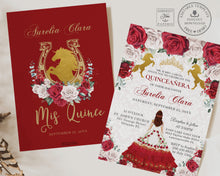 Load image into Gallery viewer, Red White Roses Floral Gold Quinceañera Invitation Printable EDITABLE TEMPLATE Mis Quince 15 Años Charro Dress Princess Horses Birthday QC19
