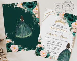 Emerald Green Blush Floral Quinceañera Invitation Printable INSTANT DOWNLOAD, Mis Quince 15 Anos Birthday Invite DIY Editable Template, QC20