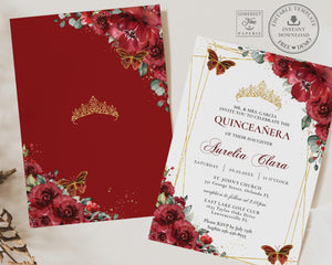Red Floral Butterflies Quinceañera Invitation EDITABLE TEMPLATE, Mis Quince 15 Anos Sweet 16 Birthday Instant Download PDF Printable, QC13