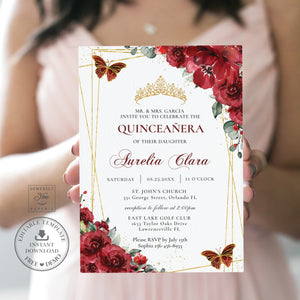 Red Floral Butterflies Quinceañera Invitation EDITABLE TEMPLATE, Mis Quince 15 Anos Sweet 16 Birthday Instant Download PDF Printable, QC13