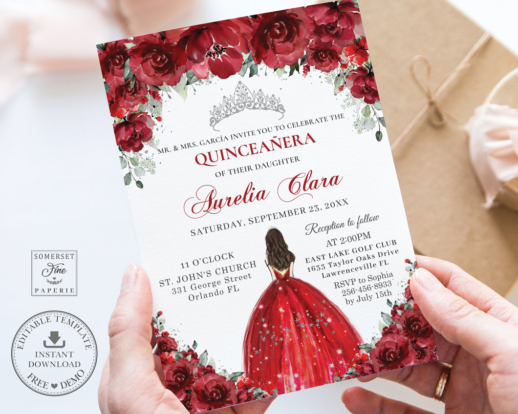 Red Floral Roses Silver Quinceañera Invitation EDITABLE TEMPLATE Mis Quince 15 Anos 16th Birthday Invite Diy Digital Printable QC13
