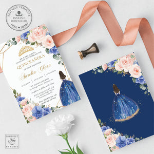 Princess Tiara Blue Blush Pink Floral Quinceanera 15th Birthday Invitation Editable Template - Digital Printable File - Instant Download - QC2