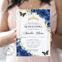 Load image into Gallery viewer, Royal Blue Floral Butterflies Quinceañera Invitation EDITABLE TEMPLATE, Mis Quince 15 Anos Sweet 16 Birthday Instant Download PDF Printable, QC16
