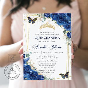 Royal Blue Floral Butterflies Quinceañera Invitation EDITABLE TEMPLATE, Mis Quince 15 Anos Sweet 16 Birthday Instant Download PDF Printable, QC16