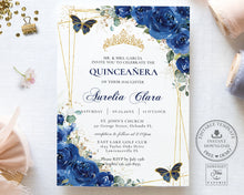 Load image into Gallery viewer, Royal Blue Floral Butterflies Quinceañera Invitation EDITABLE TEMPLATE, Mis Quince 15 Anos Sweet 16 Birthday Instant Download PDF Printable, QC16

