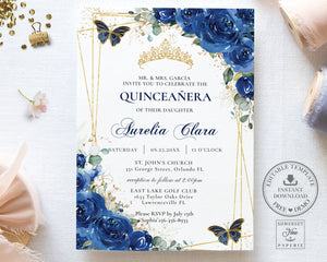 Royal Blue Floral Butterflies Quinceañera Invitation EDITABLE TEMPLATE, Mis Quince 15 Anos Sweet 16 Birthday Instant Download PDF Printable, QC16