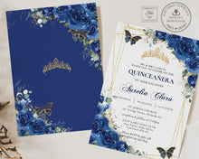 Load image into Gallery viewer, Royal Blue Floral Butterflies Quinceañera Invitation EDITABLE TEMPLATE, Mis Quince 15 Anos Sweet 16 Birthday Instant Download PDF Printable, QC16
