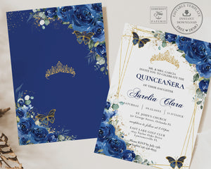 Royal Blue Floral Butterflies Quinceañera Invitation EDITABLE TEMPLATE, Mis Quince 15 Anos Sweet 16 Birthday Instant Download PDF Printable, QC16