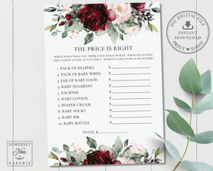 Burgundy Blush Floral Baby Shower the Price is Right Game Activity - Instant Download - Digital Printable File - RB1