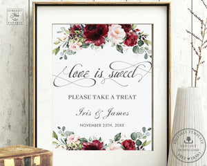 Chic Burgundy Blush Pink Floral Love is Sweet Please Take a Treat Sign - Wedding Editable Template - Instant Download - RB1