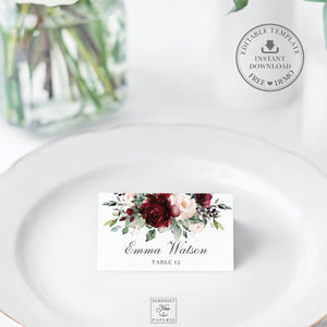 Chic Burgundy Blush Pink Floral Place Card - Wedding Editable Template - Instant Download - RB1
