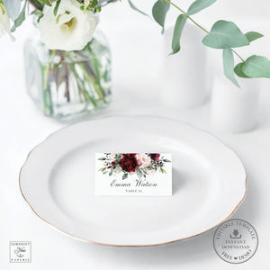 Chic Burgundy Blush Pink Floral Place Card - Wedding Editable Template - Instant Download - RB1