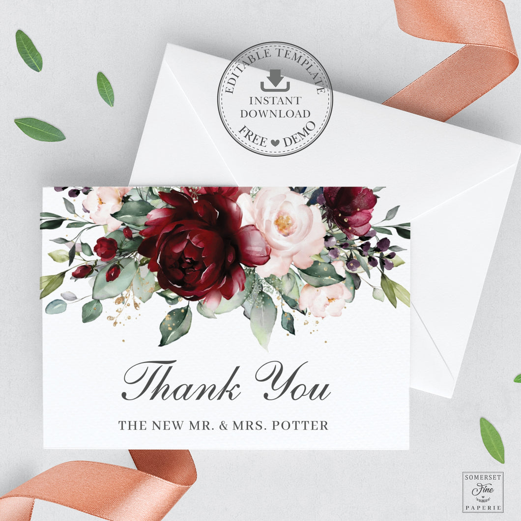 Chic Burgundy Blush Floral Wedding Folded Thank You Card Editable Template - Instant Download - Digital Printable File - RB1
