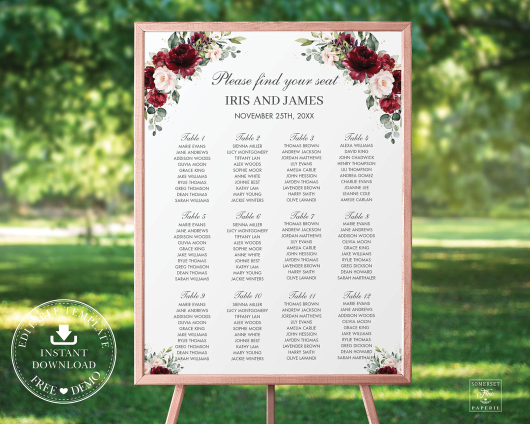 Rustic Burgundy Blush Pink Floral Seating Chart Sign - Wedding Editable Template - Instant Download - RB1