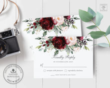Load image into Gallery viewer, RSVP Card, INSTANT Download, Rustic Burgundy Blush Pink Floral Wedding Insert Enclosure, EDITABLE Template Diy Printable Greenery Flower RB1
