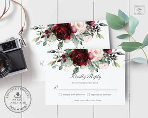 RSVP Card, INSTANT Download, Rustic Burgundy Blush Pink Floral Wedding Insert Enclosure, EDITABLE Template Diy Printable Greenery Flower RB1