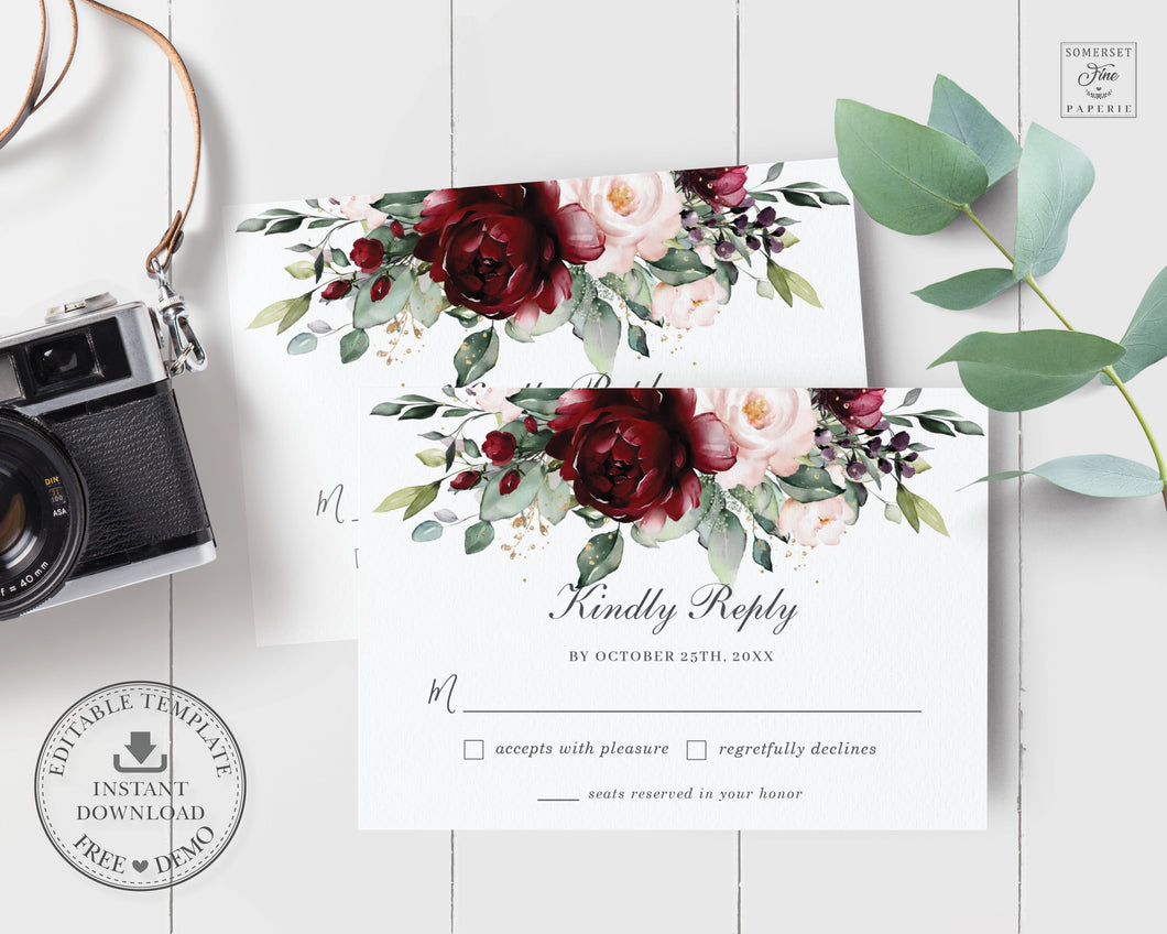 RSVP Card, INSTANT Download, Rustic Burgundy Blush Pink Floral Wedding Insert Enclosure, EDITABLE Template Diy Printable Greenery Flower RB1
