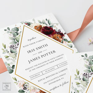 Elegant Rich Burgundy Burnt Orange Blush Ivory Floral Rhombus Wedding Invitation - Editable Template - Digital Printable File - Instant Download - RB3