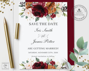 Chic Burgundy Rust Burnt Orange Blush Floral Wedding Invitation Bundle Set - Editable Template - Digital Printable File - Instant Download - RB3