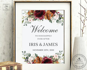 Burgundy Burnt Orange Blush Floral Wedding Welcome Sign Editable Template - Digital Printable File - Instant Download - RB3