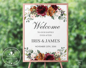 Burgundy Burnt Orange Blush Floral Wedding Welcome Sign Editable Template - Digital Printable File - Instant Download - RB3