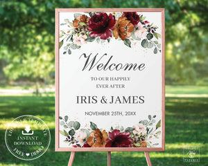 Burgundy Burnt Orange Blush Floral Wedding Welcome Sign Editable Template - Digital Printable File - Instant Download - RB3